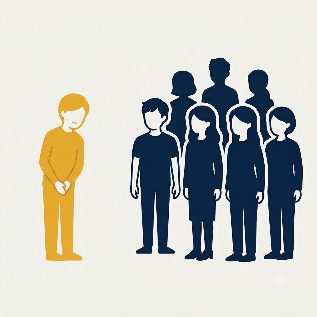 大人数の同僚を前に控えめにお辞儀をする新人のイラスト。転職初日の自己紹介記事のアイキャッチ