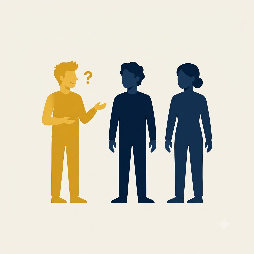 1人が隣の2人に問いかけている人物のイラスト。気づいたことは言っていい記事のアイキャッチ